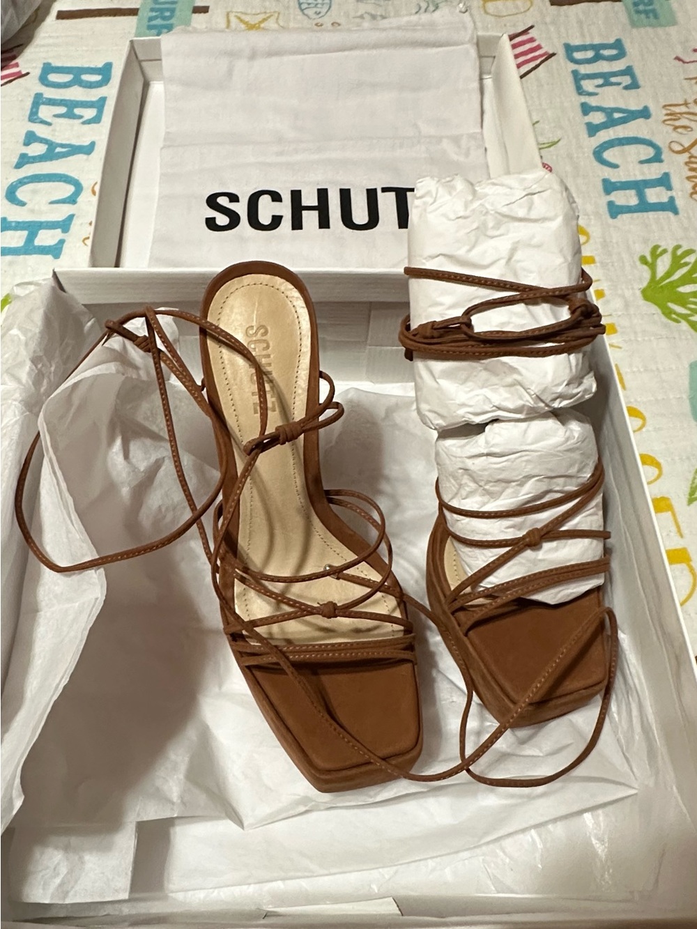 SCHUTZ Tan Strappy Lace-Up Heeled Sandals